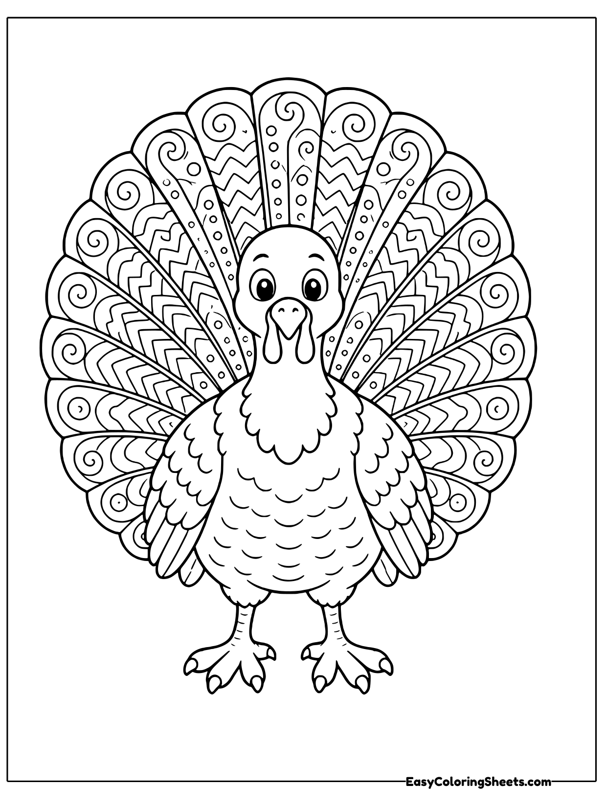 The tail of this turkey is filled with zentangle style patterns, from swirls to tiny circles.