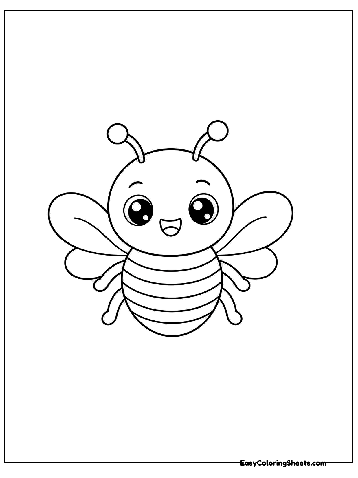 A simple bee with round wings and a striped body smiles on the page.