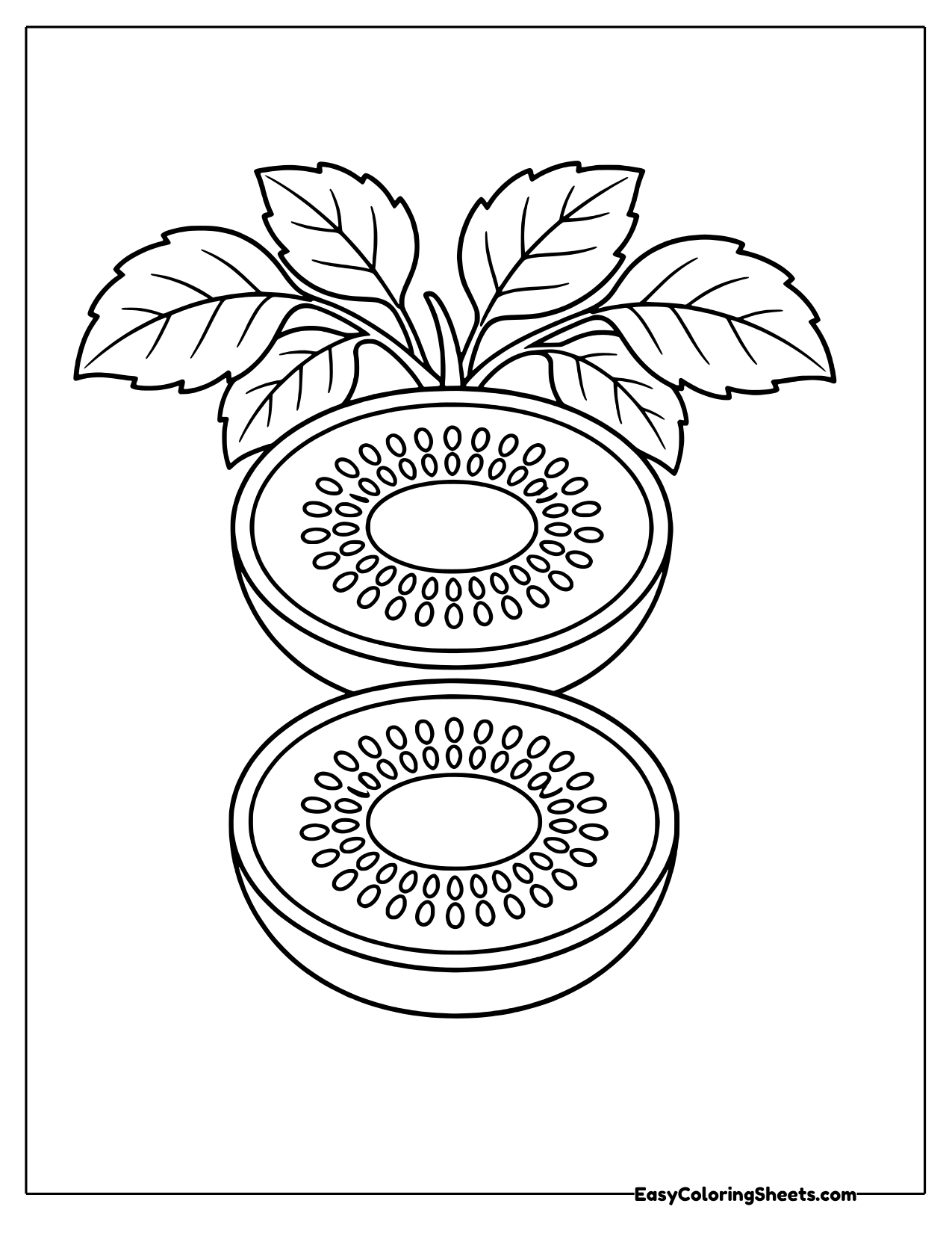 Two kiwi halves stacked under leaves