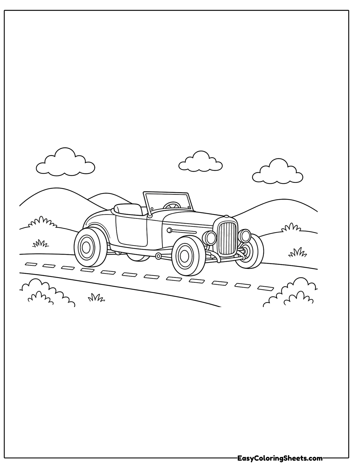 A small open top hot rod cruises down a winding road with rolling hills, clouds and bushes around it.