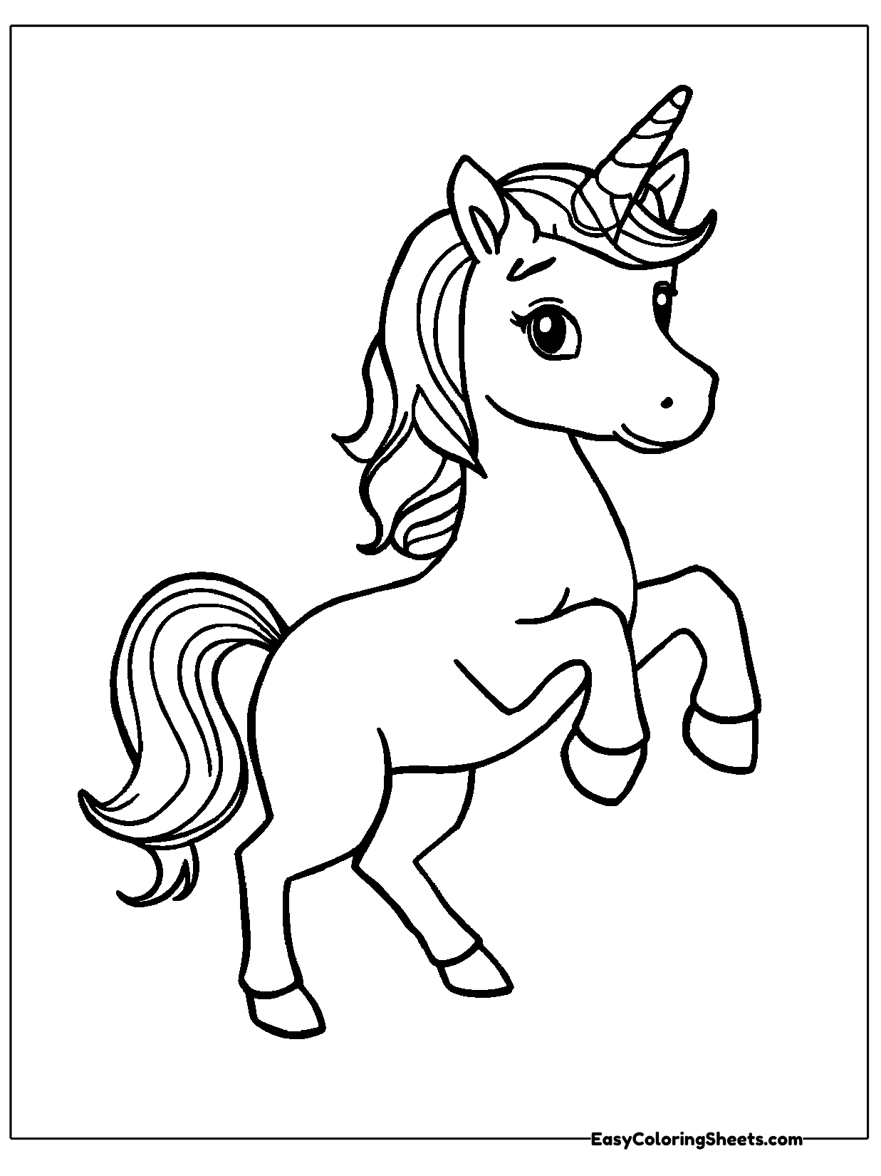A unicorn rears up on its hind legs, front hooves raised high, with its mane and tail whipping in the wind.