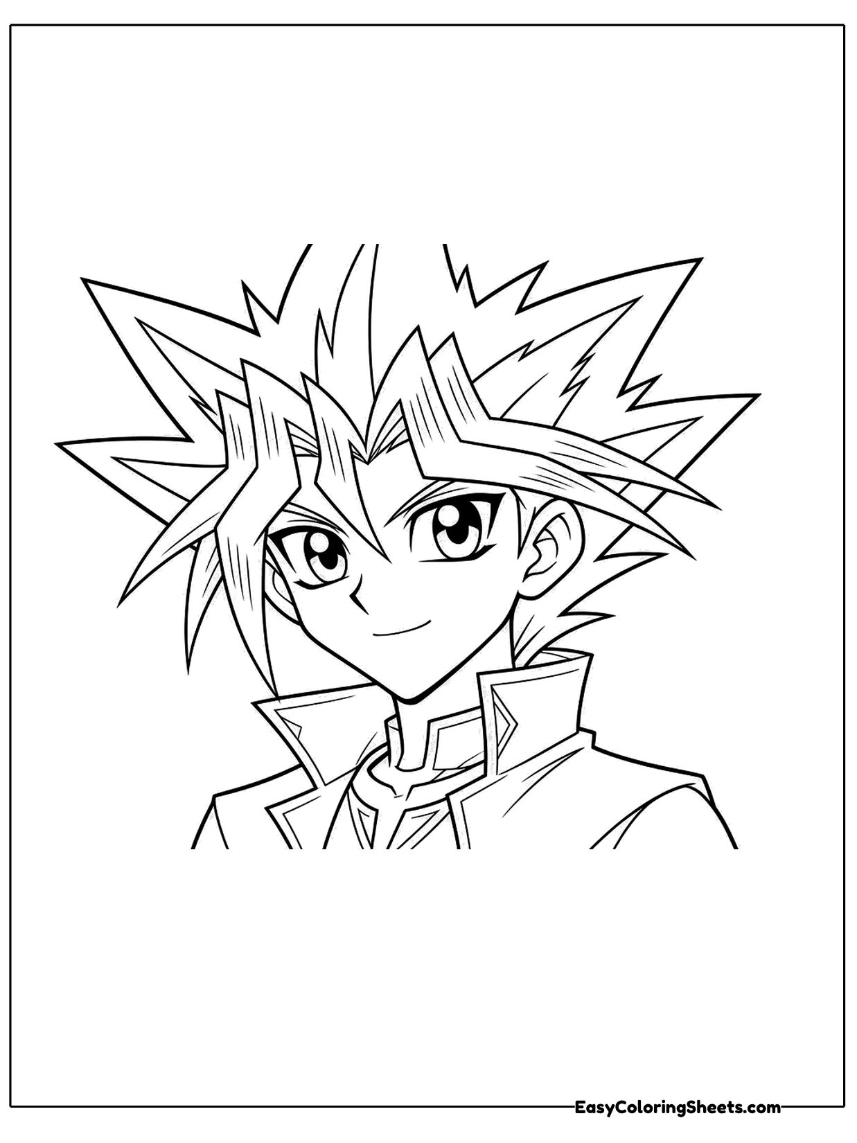 A boy with dramatic spiky hair that shoots out in sharp points and bold bangs looks forward with a serious.