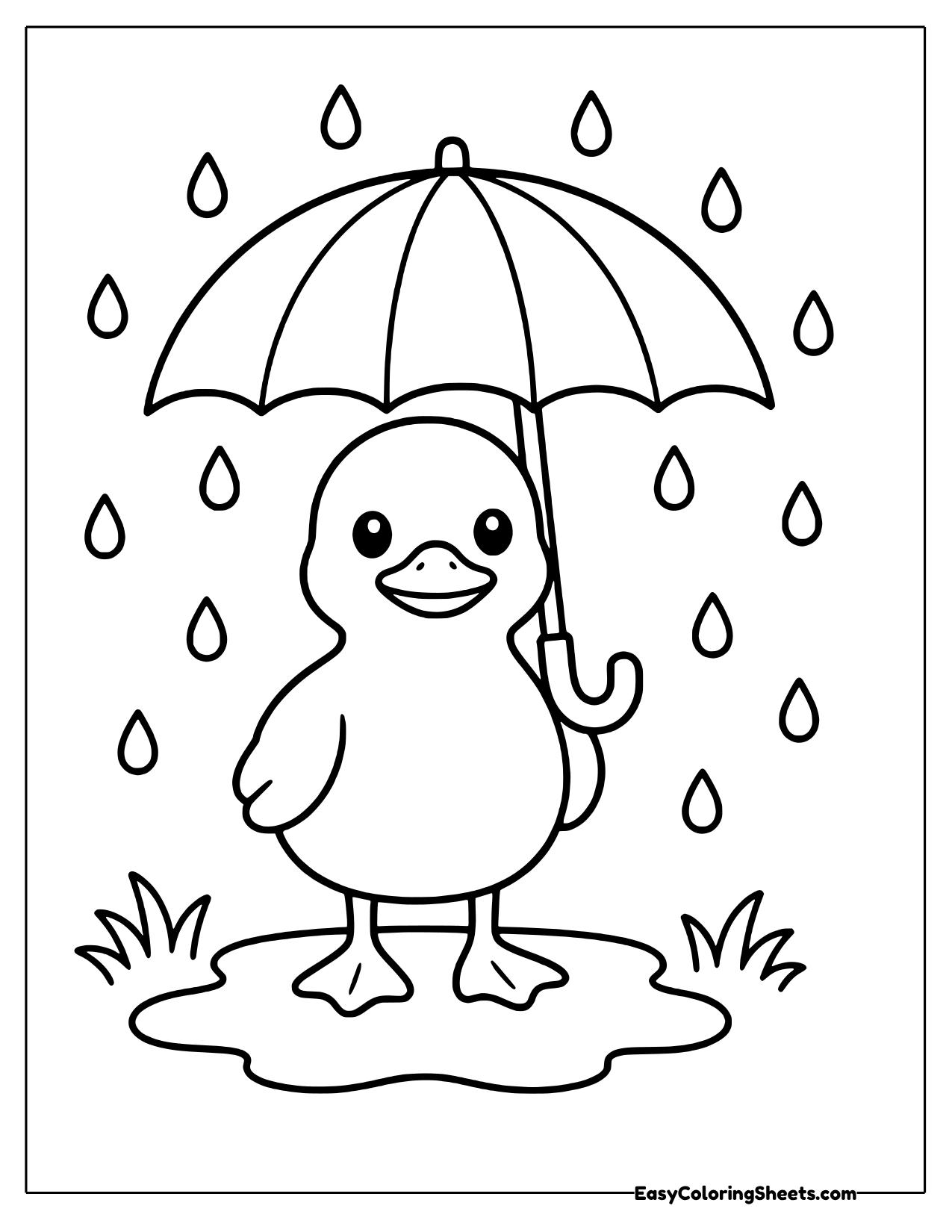 Duck holding an umbrella in the falling rain