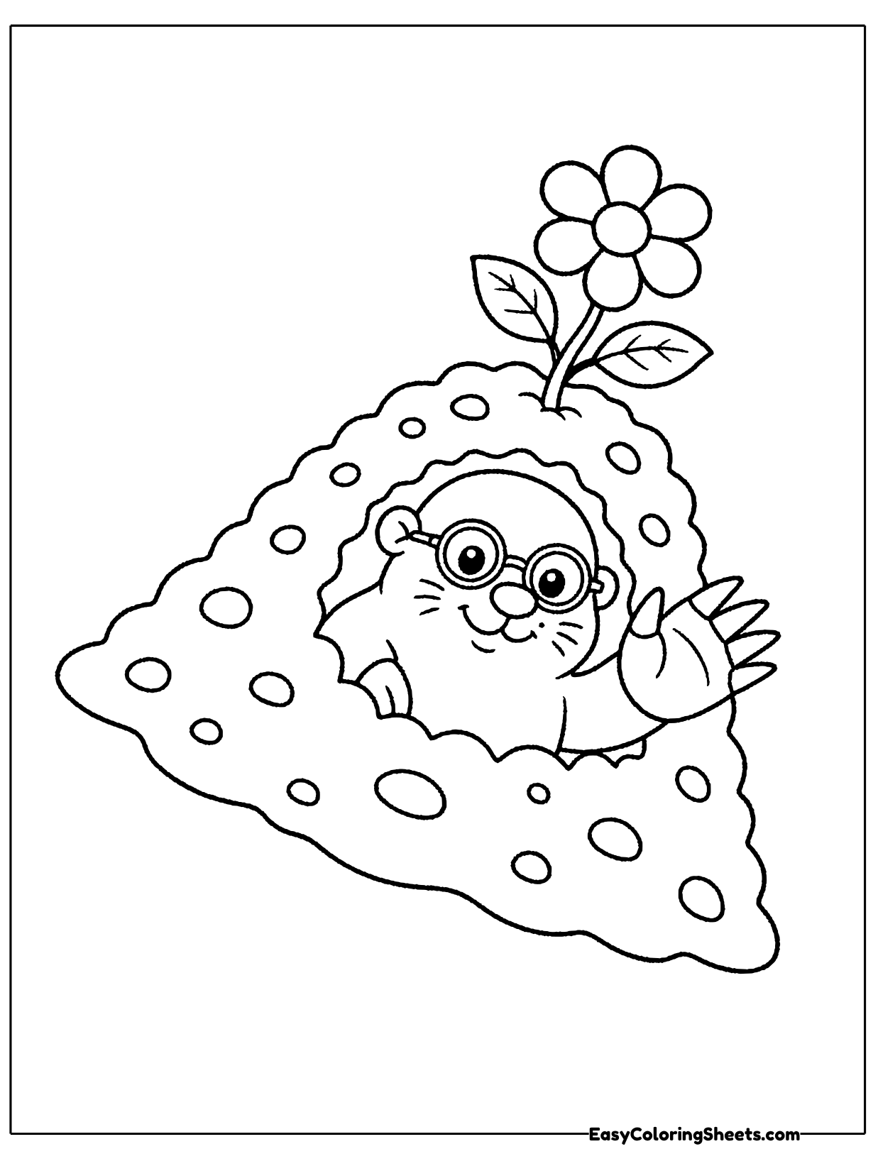 A mole with round glasses peeks out of a dotted dirt hill with a flower growing on top.