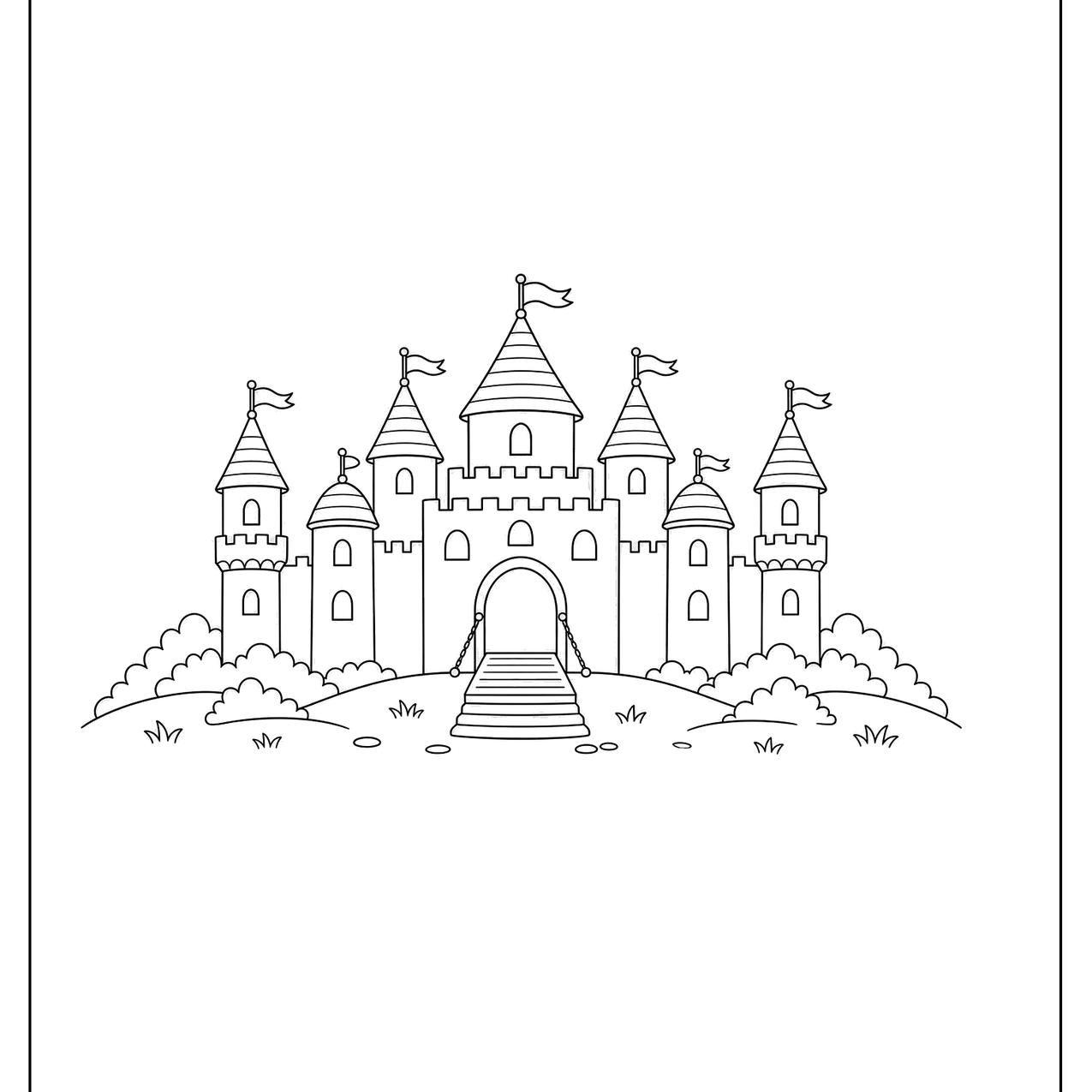Fairy tale castle with many towers on a grassy hill