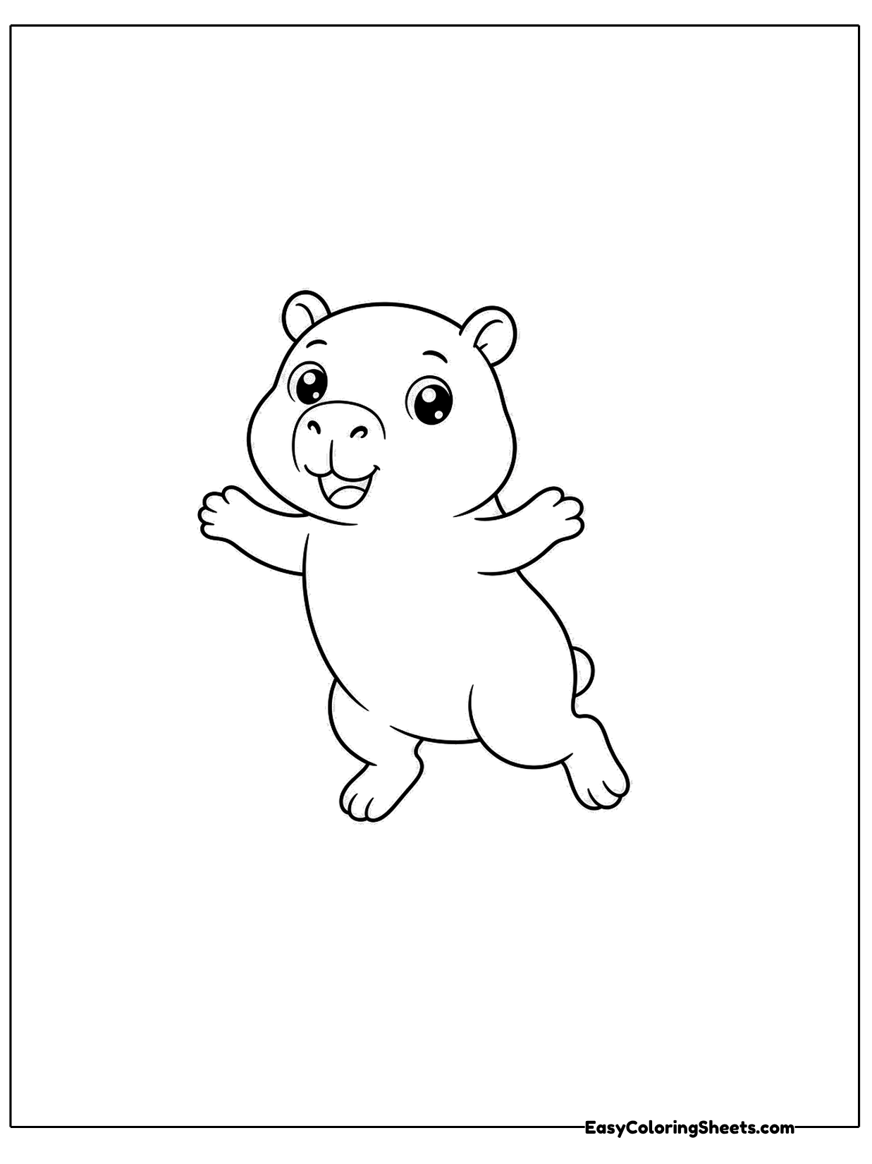A happy capybara jumps into the air with its paws stretched out and its mouth open in a grin.