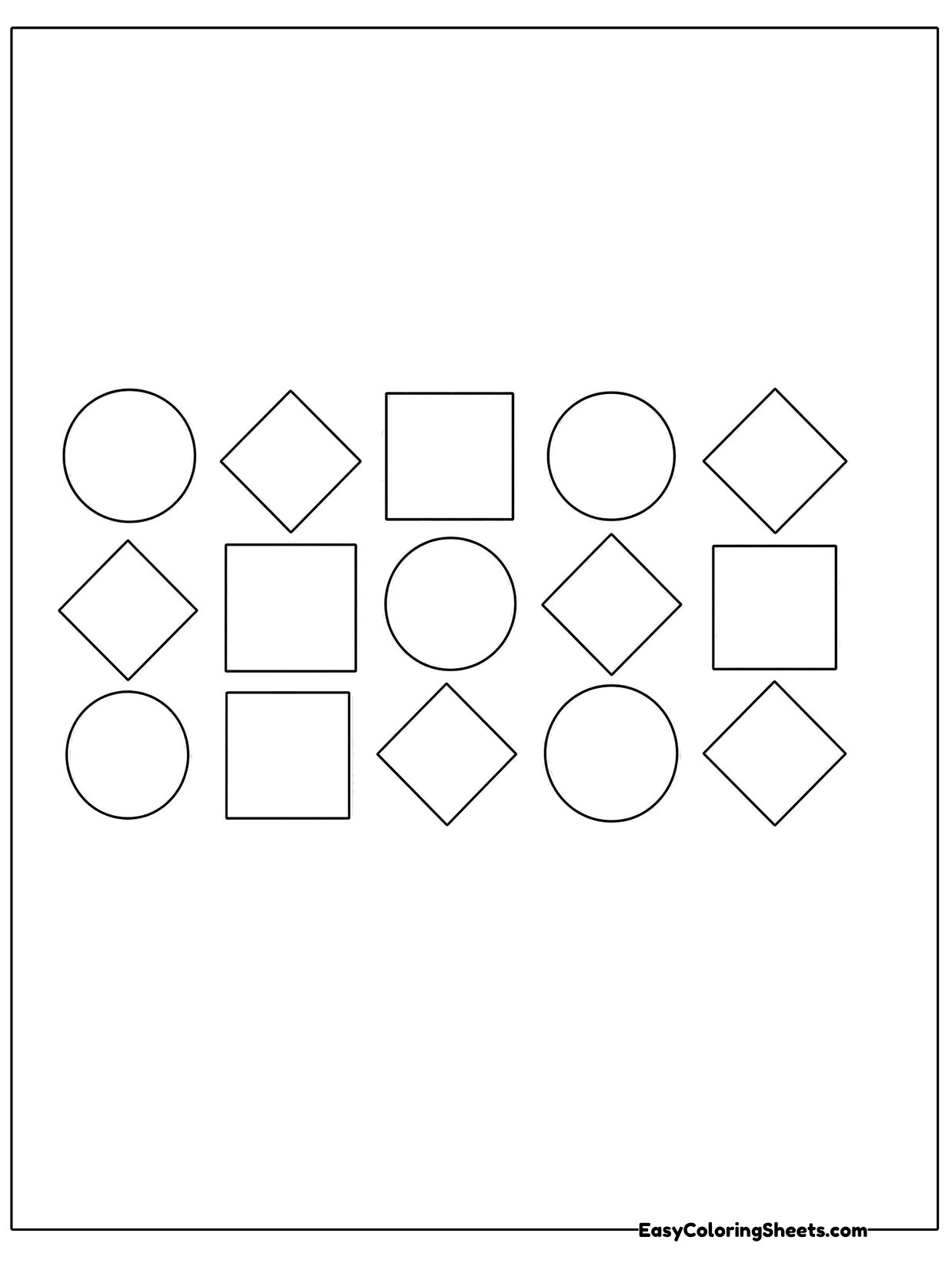 Rows of simple circles, squares and diamonds repeat across a small grid in the middle of the page.