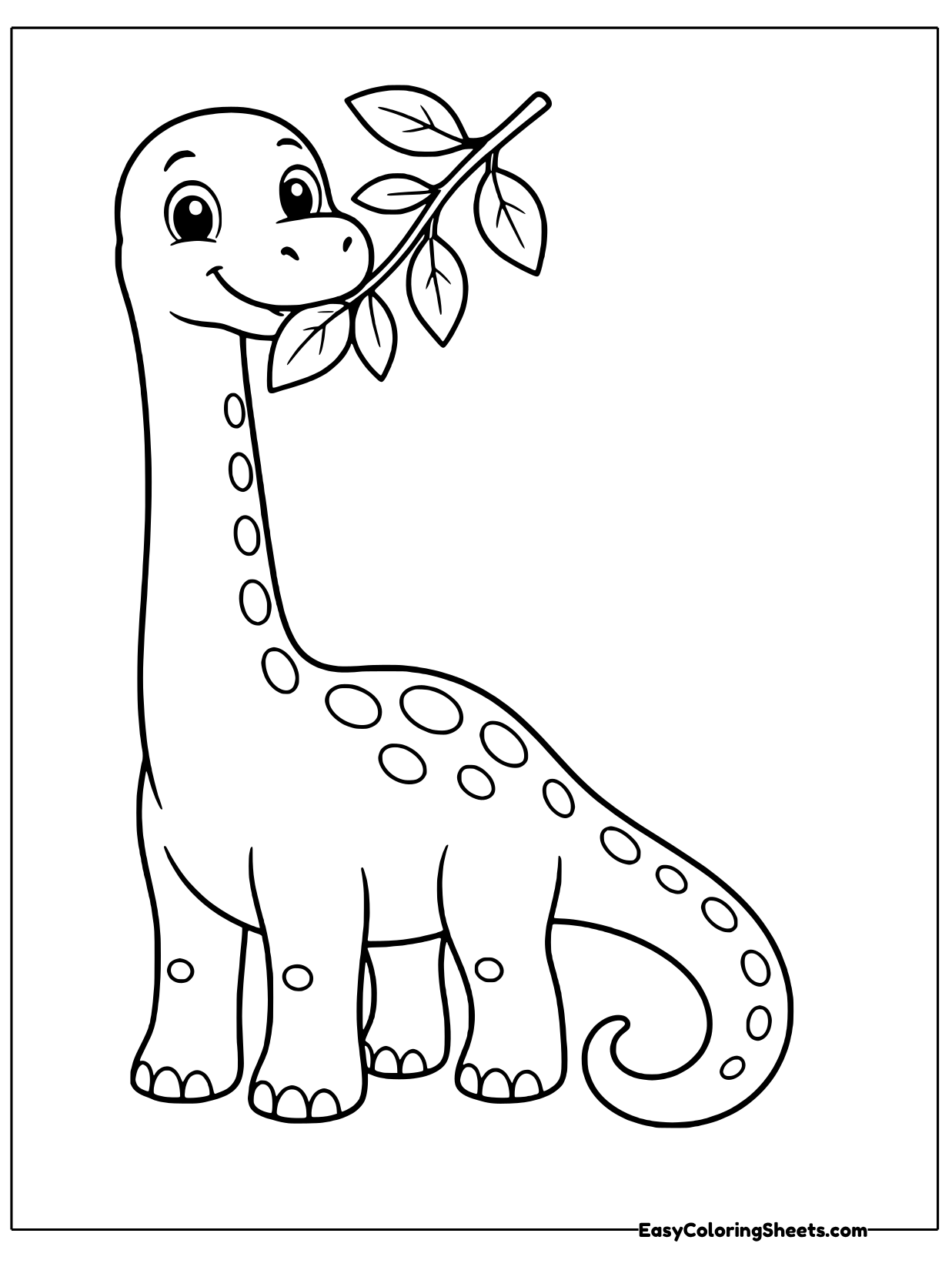 A tall brachiosaurus holds a small leafy branch in its mouth, with rows of spots running down its long neck and back.