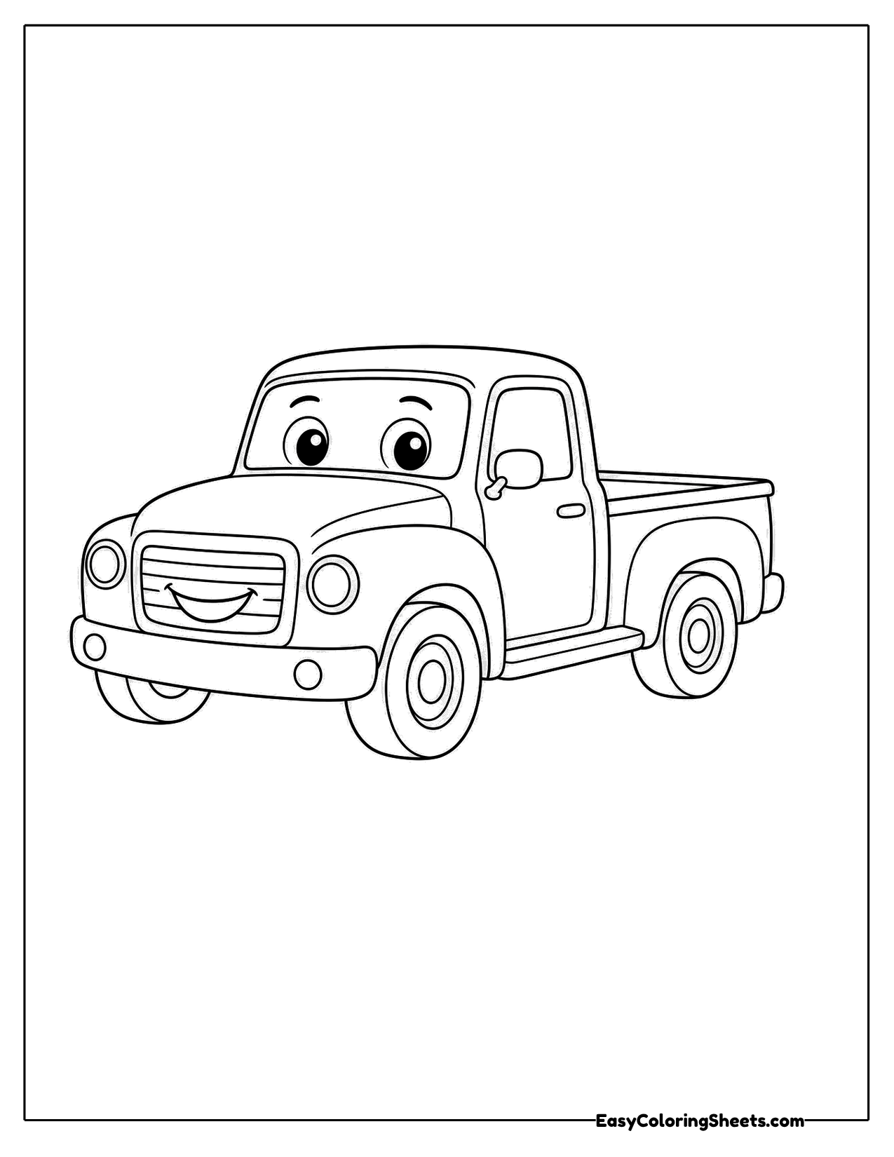 Cartoon pickup truck with big friendly eyes and a grin