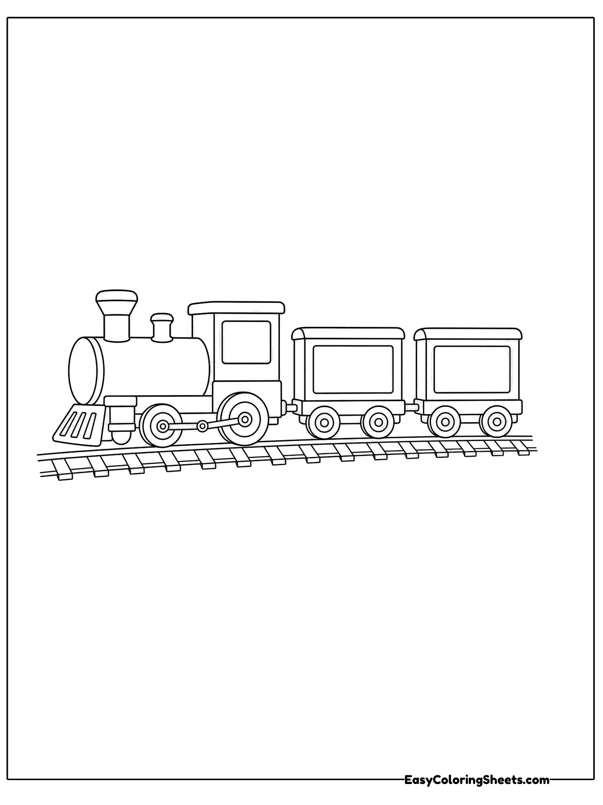 A little steam engine pulls three cars along a straight track across the middle of the page.