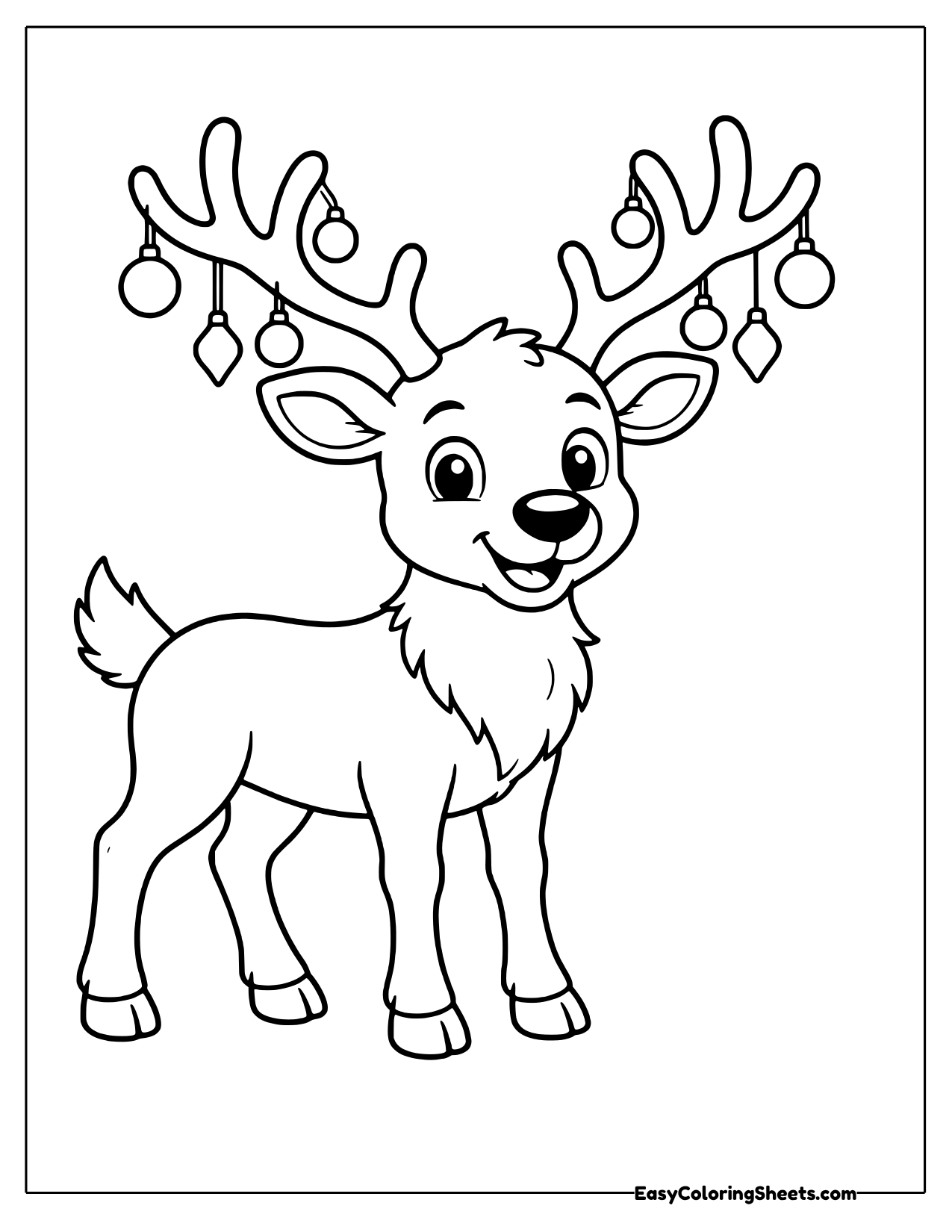 Reindeer with ornaments hanging from its antlers