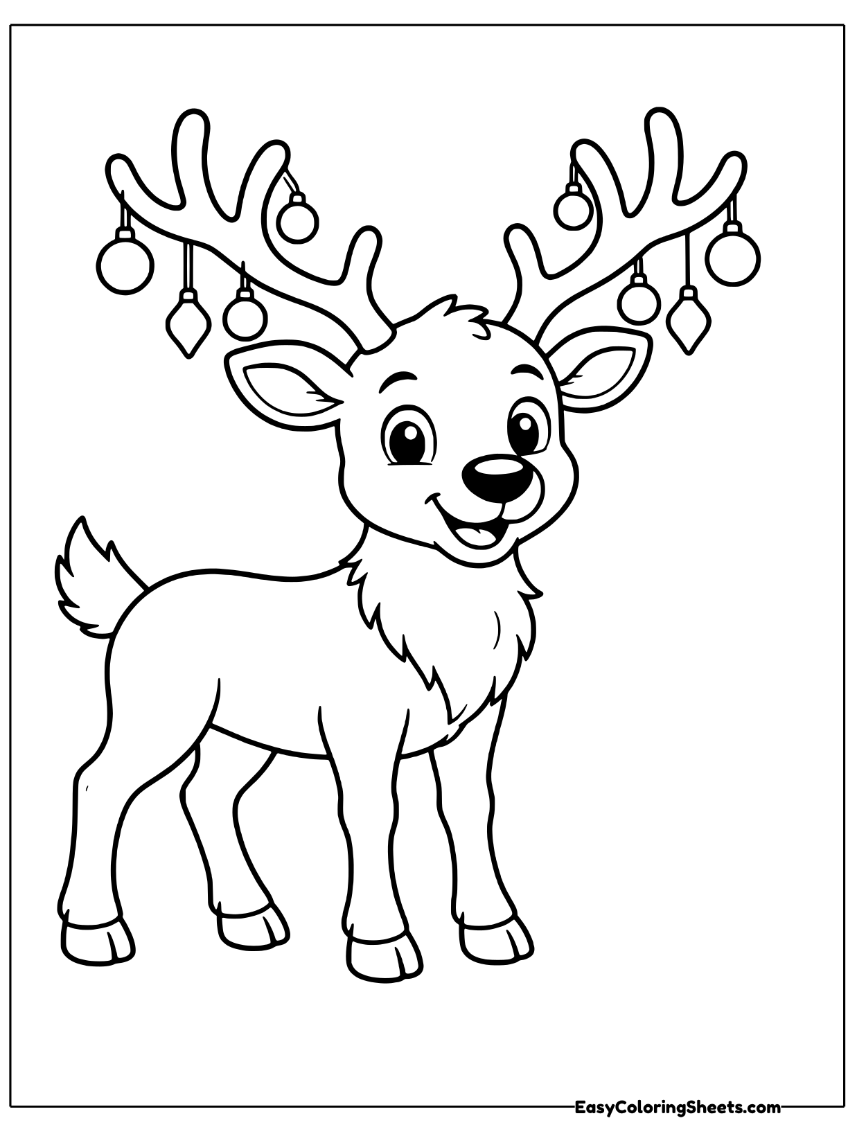 A reindeer stands with little ornaments dangling from its antlers like a decorated tree.