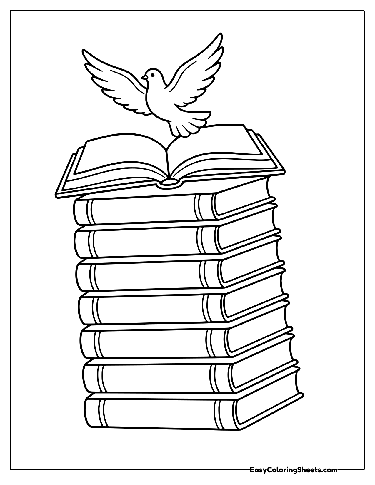 Dove landing on an open book atop a tall stack of books