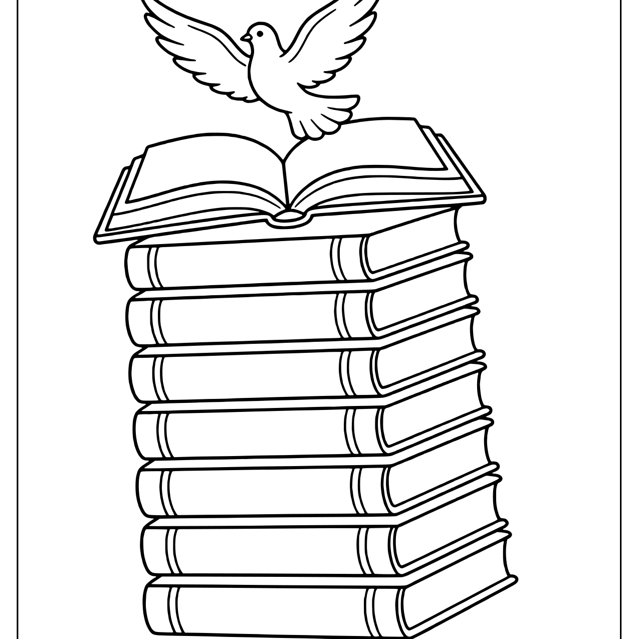 Dove landing on an open book atop a tall stack of books