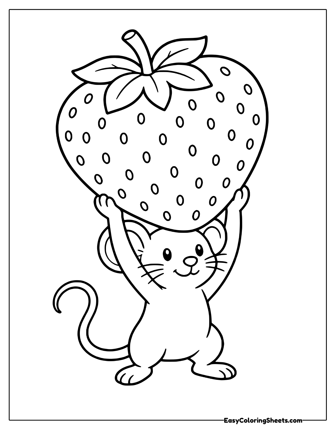 Tiny mouse lifting a giant seed-dotted strawberry overhead