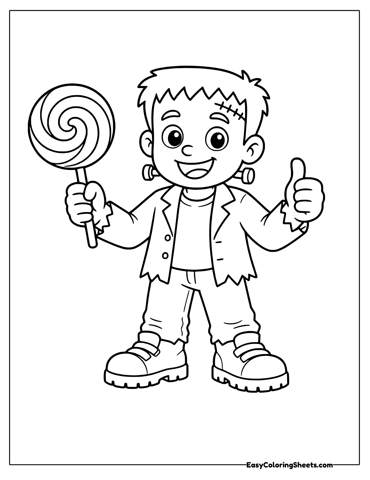 Monster holding a giant swirl lollipop and giving a thumbs up
