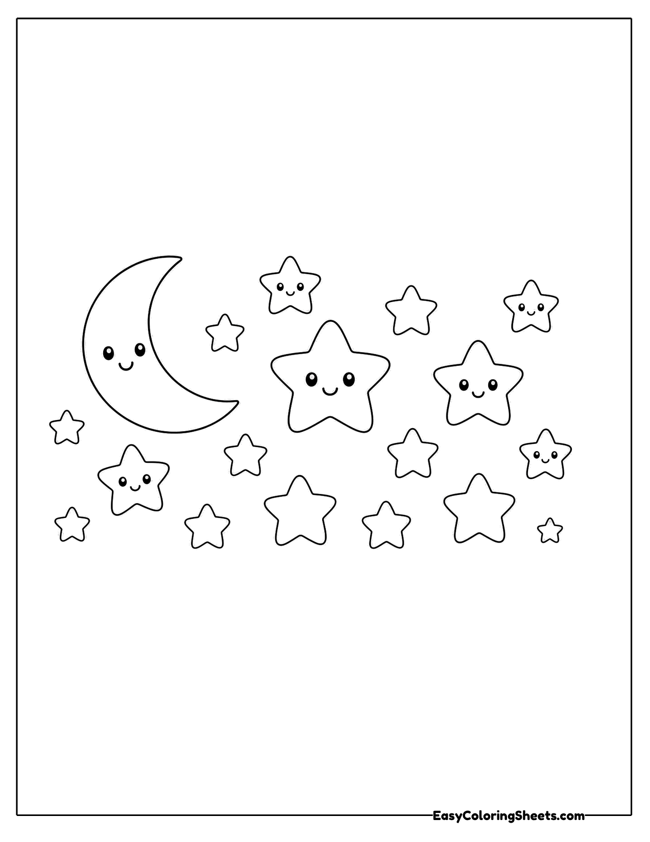 Many small stars with faces and a crescent moon