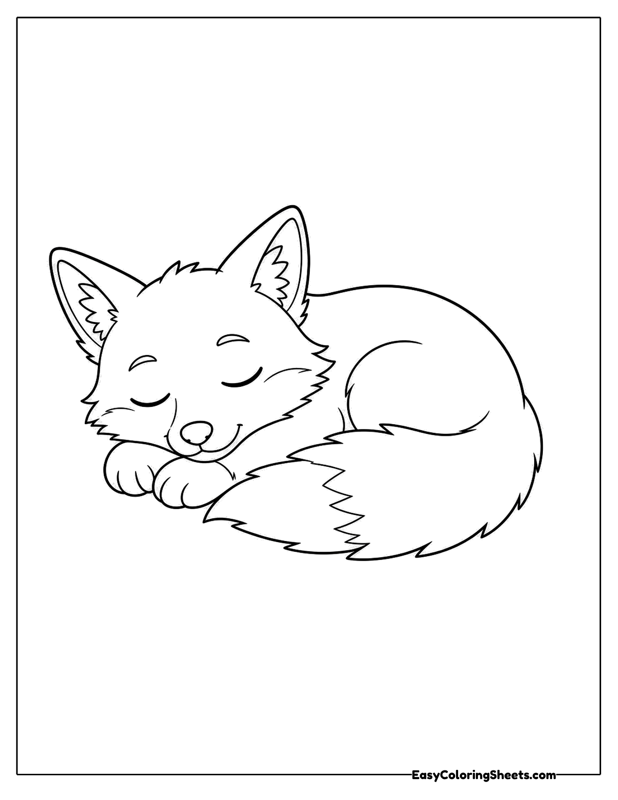 Fox curled up asleep with its eyes closed and tail tucked in