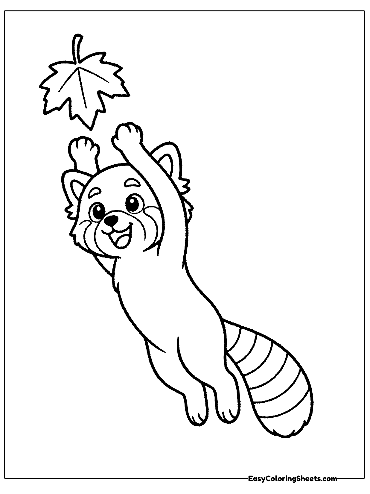 A playful red panda leaps up into the air with one paw stretched high to catch a falling maple leaf.