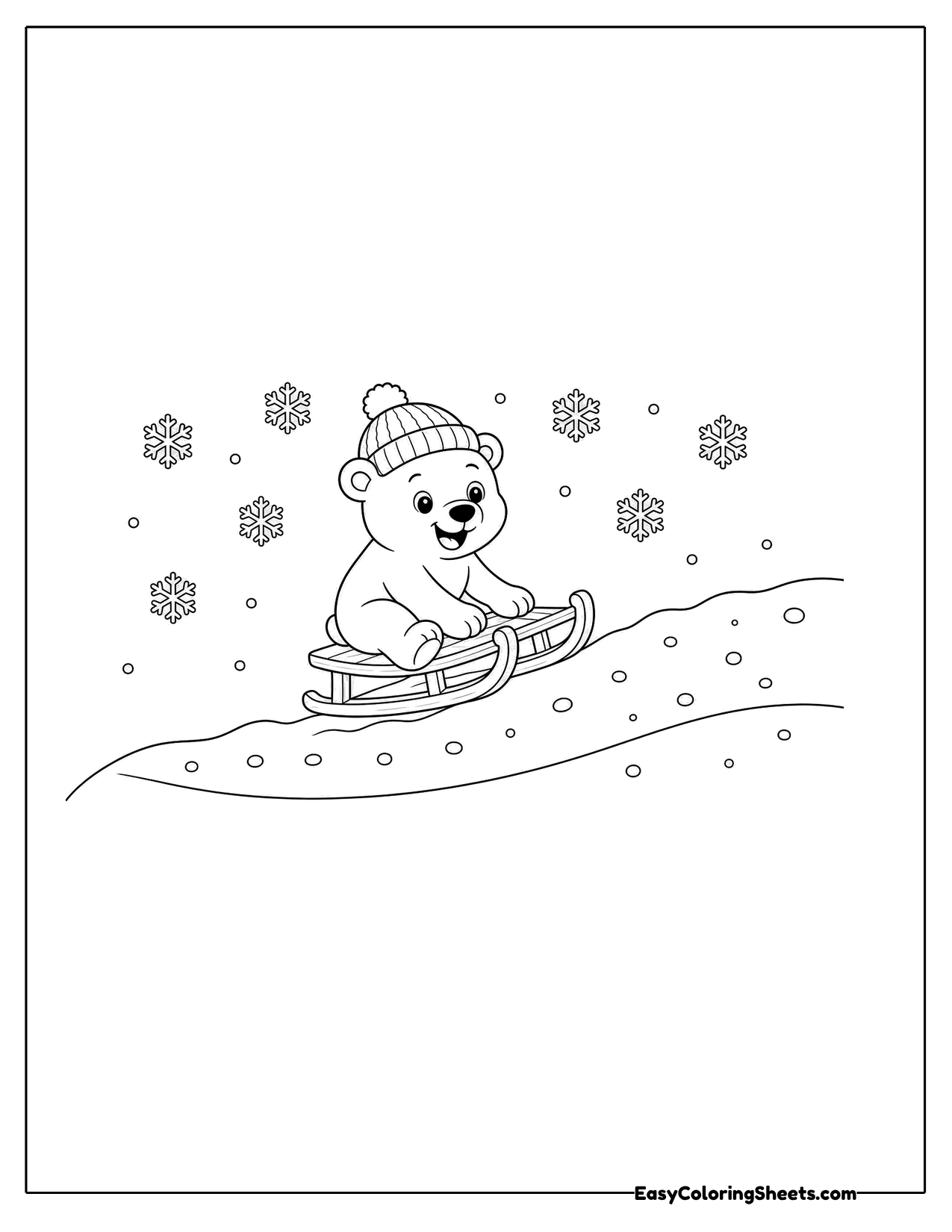 Polar bear sledding down a snowy hill
