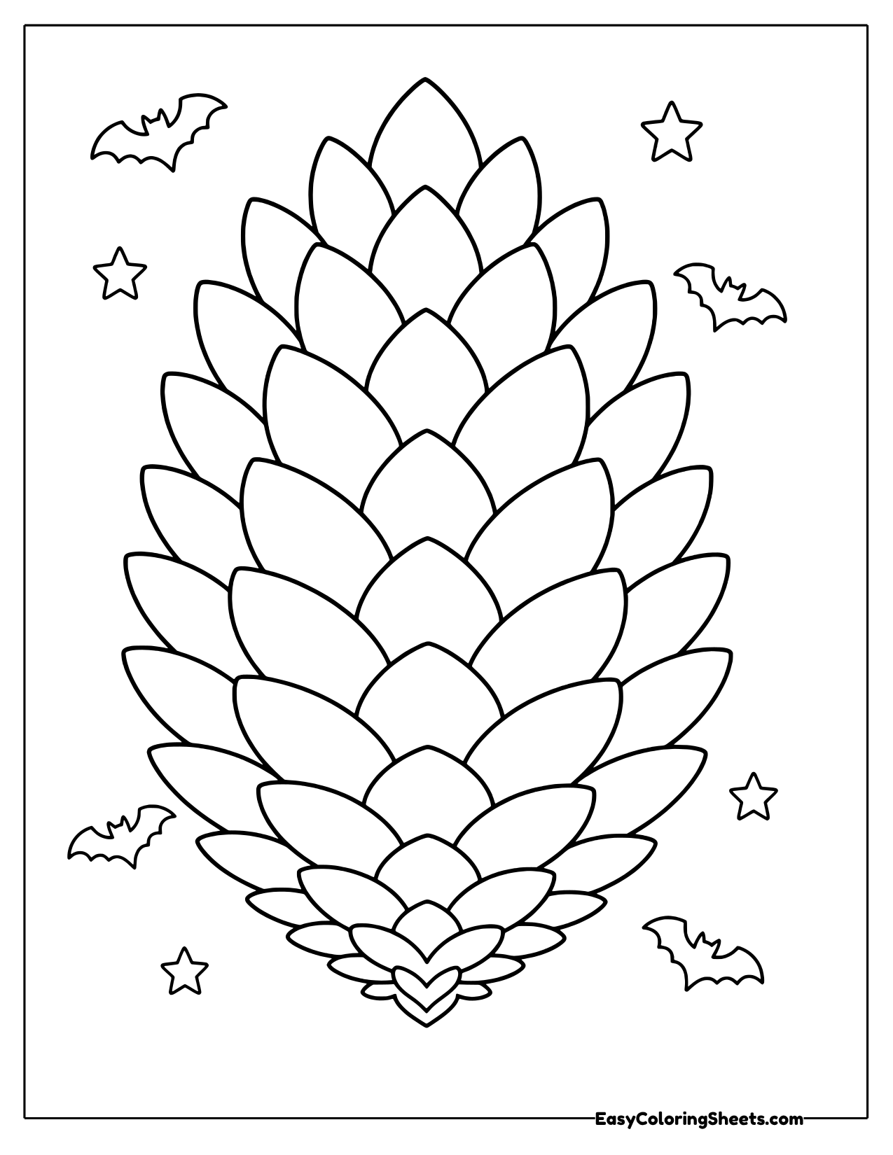 Pinecone mandala made of large overlapping scales with bats and stars around it