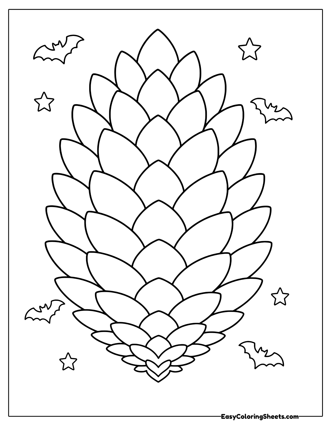 Pinecone mandala made of large overlapping scales with bats and stars around it