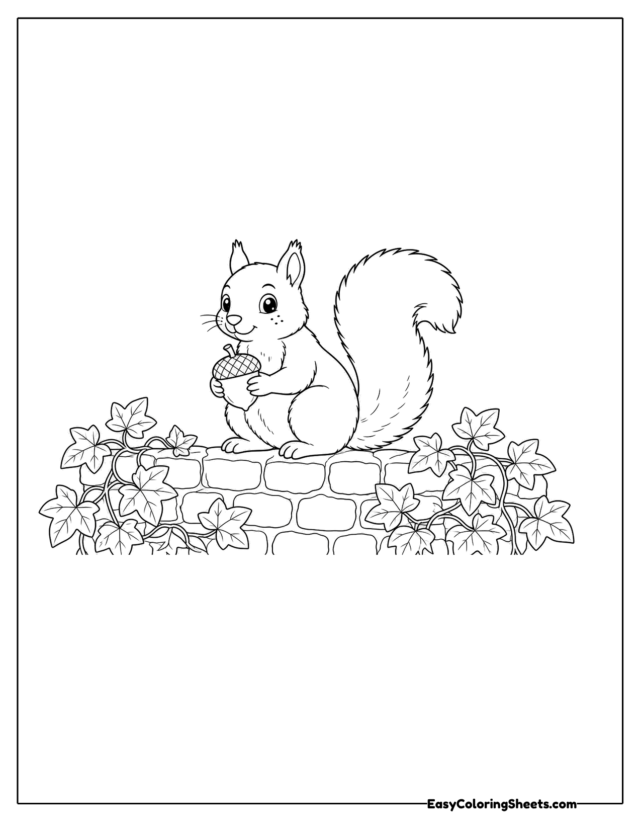 Squirrel on a stone wall covered in ivy