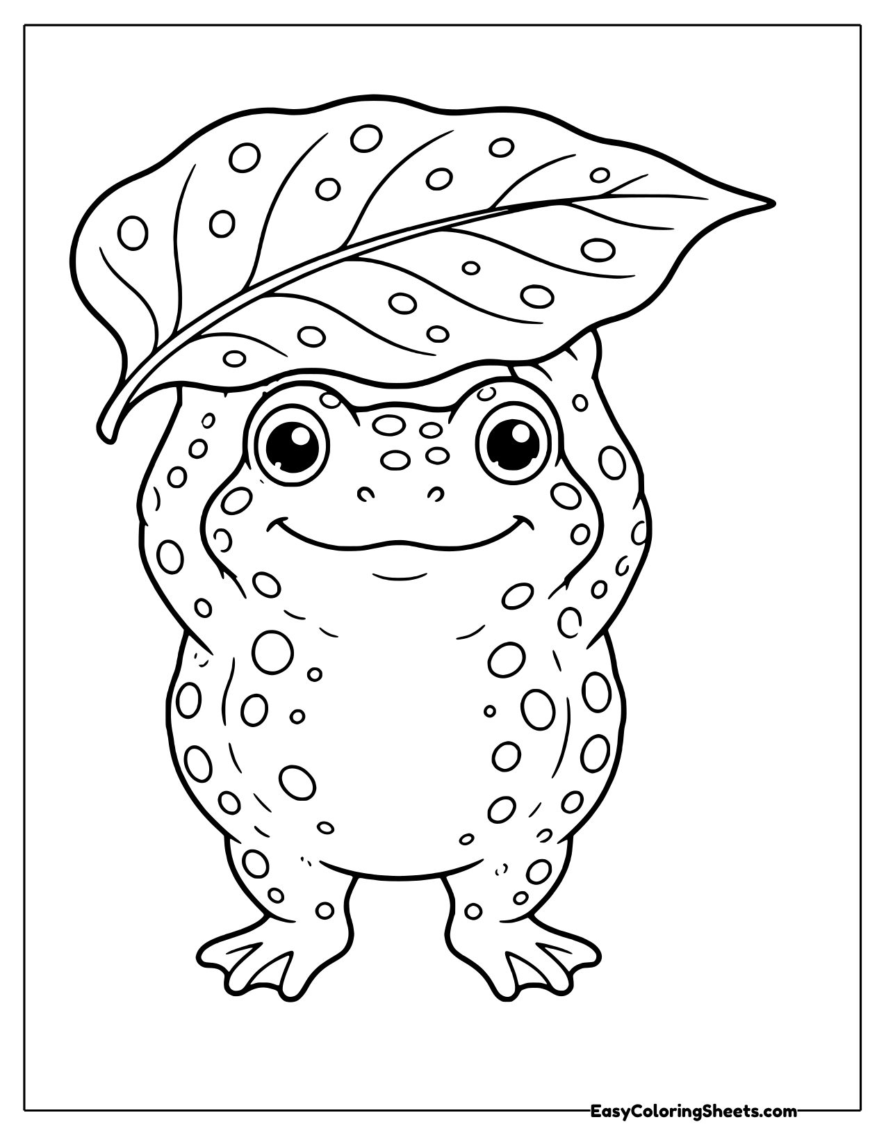 Round bumpy toad wearing a big leaf as a hat
