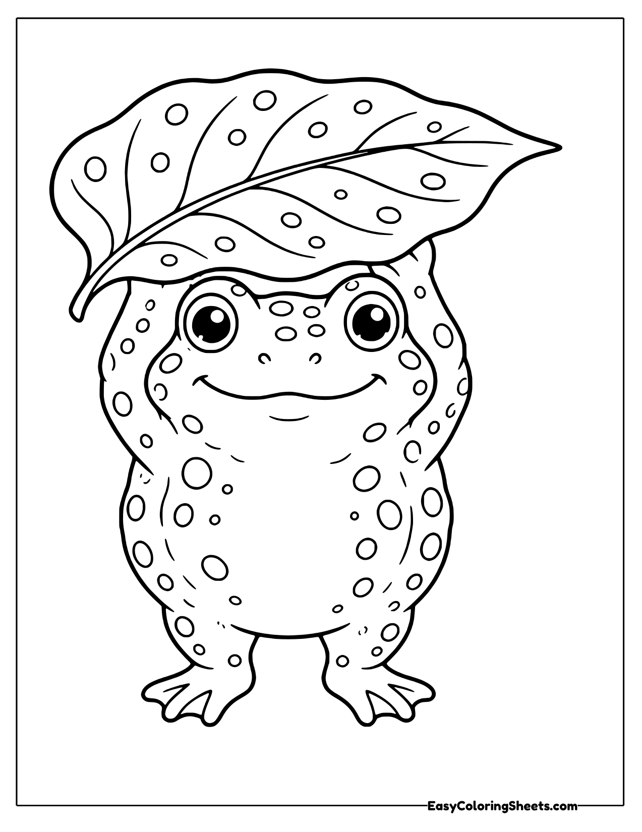Round bumpy toad wearing a big leaf as a hat