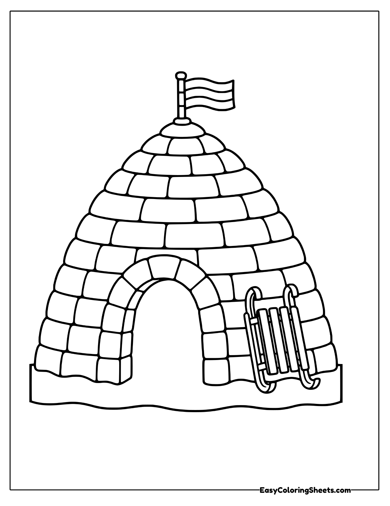 Igloo with a striped flag and a wooden sled