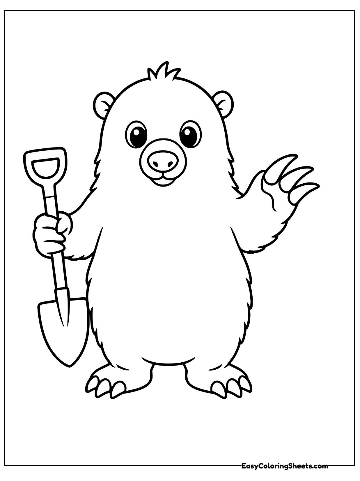 A mole stands tall and waves one paw while holding a shovel in the other.