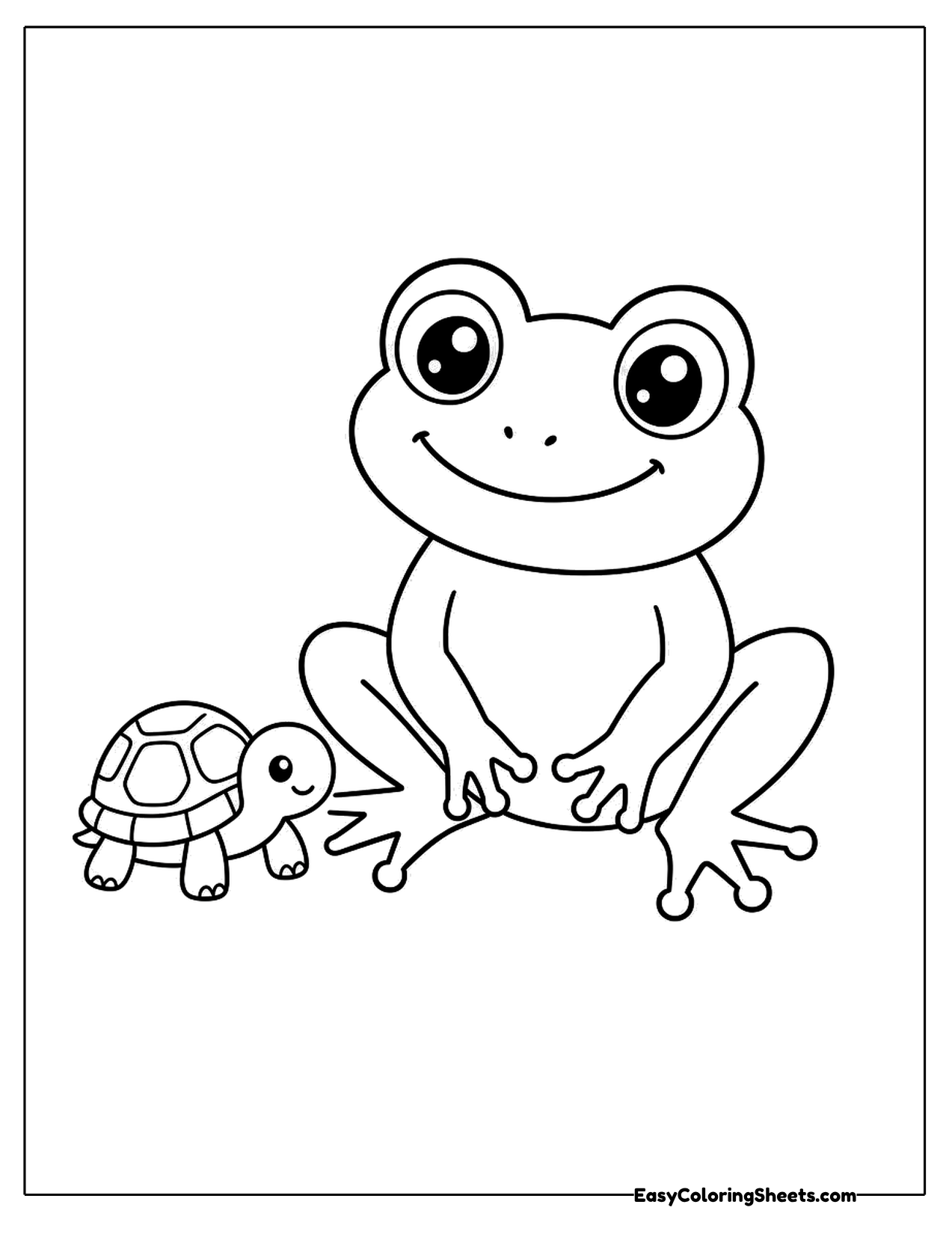 Frog sitting with a small turtle peeking beside it