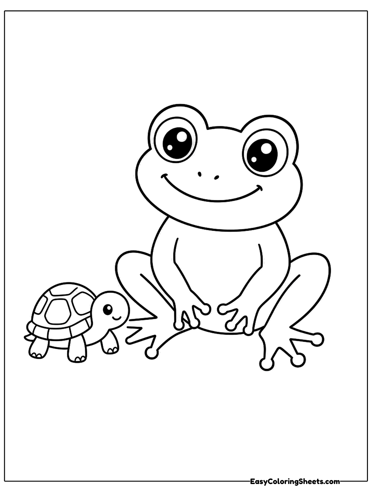A smiling frog sits with a tiny turtle beside its foot, the turtle's patterned shell drawn with neat segments.