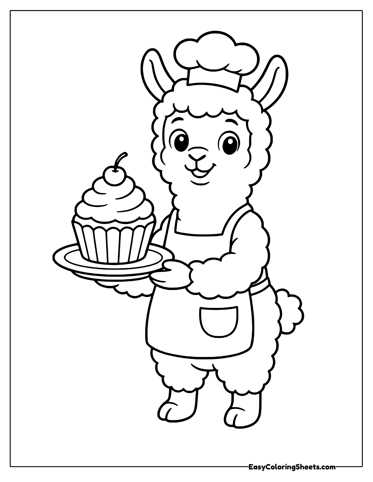 Alpaca chef in a hat and apron carrying a big cupcake on a plate