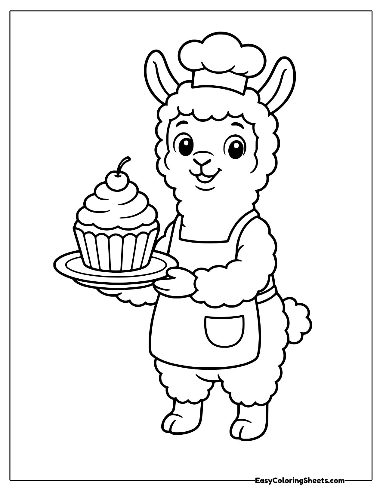 Alpaca chef in a hat and apron carrying a big cupcake on a plate