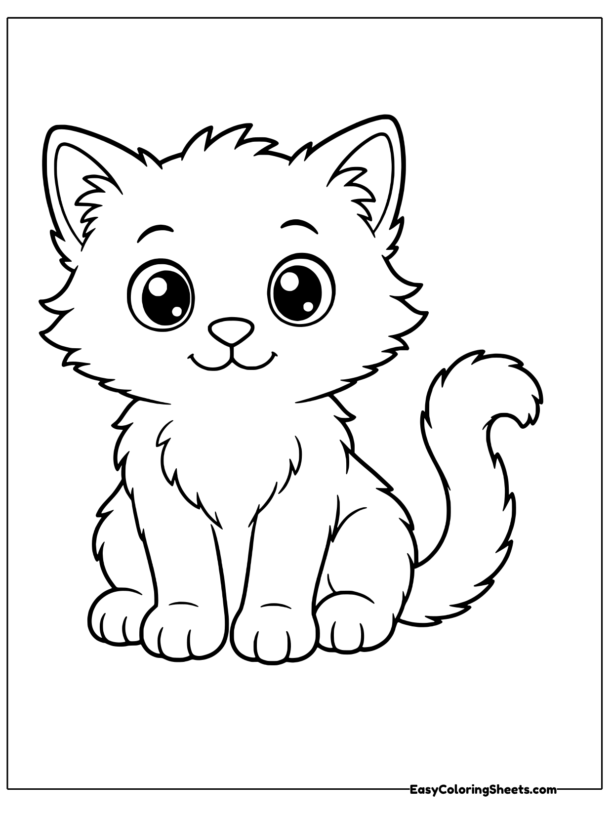 A fluffy kitten with a big ruff of fur around its face sits upright with sparkling eyes and a curled tail.