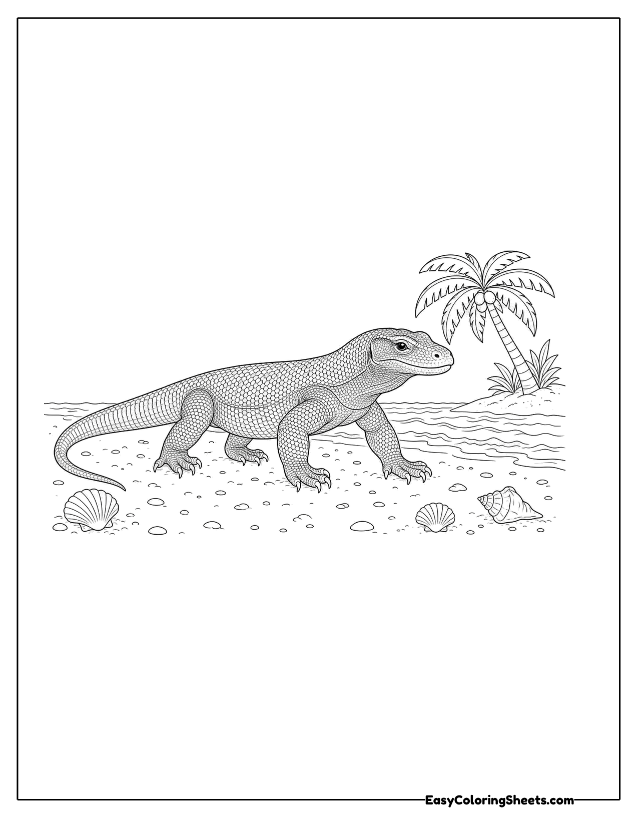 Komodo dragon walking along a beach