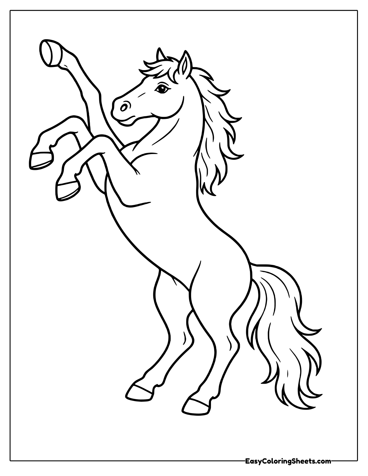 Horse rearing up on its back legs with a flowing mane and tail