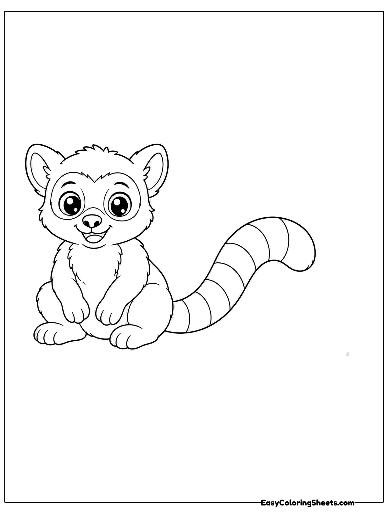 A small lemur sits with its long ringed tail curving away to the side.
