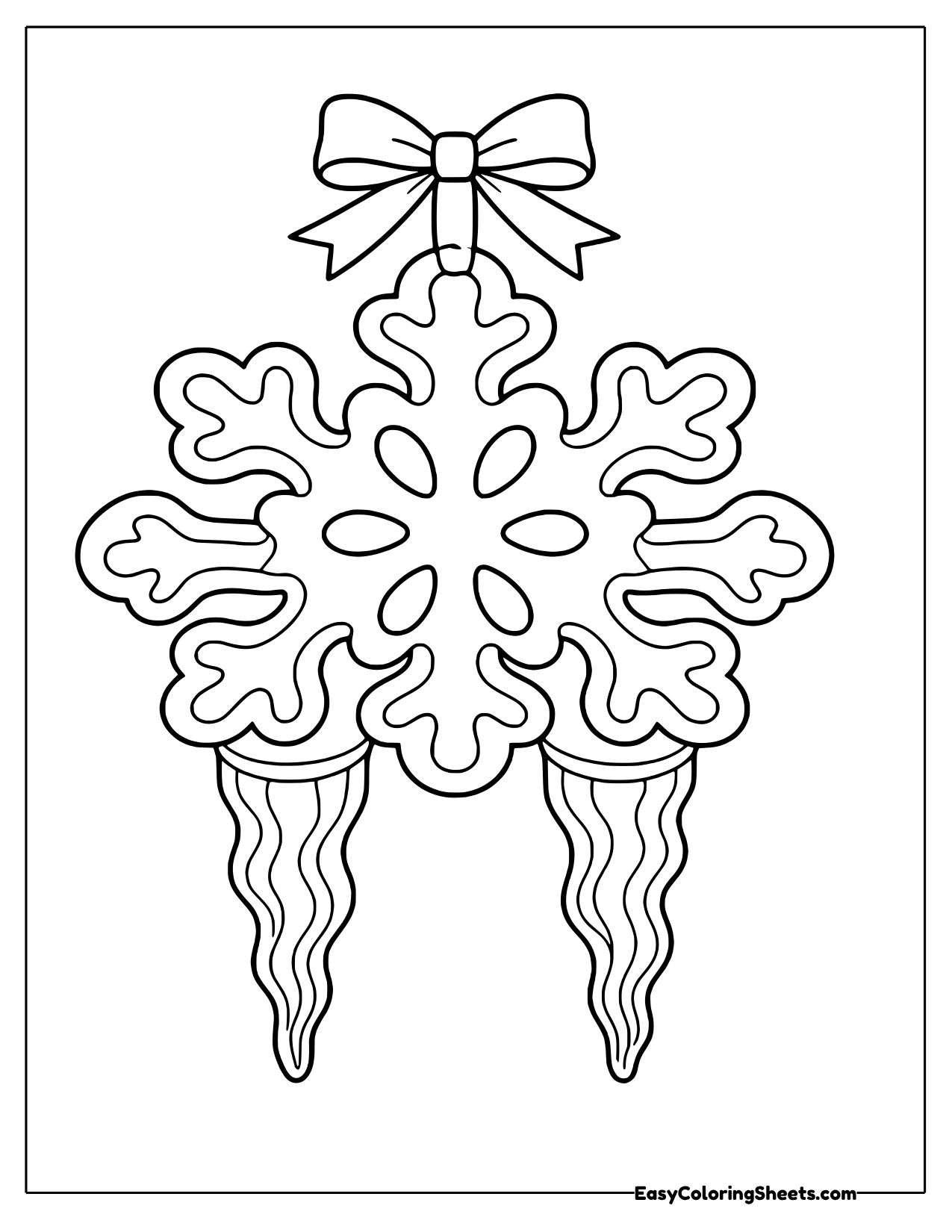 Chunky six-arm snowflake hanging from a bow with two icicles coloring page