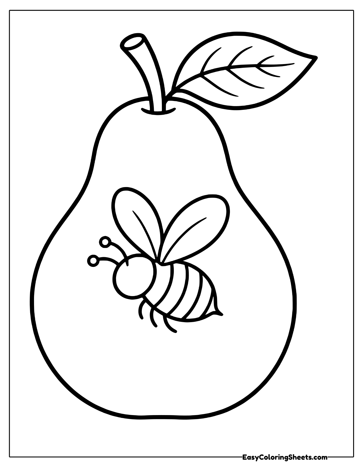 Striped bumblebee resting in the middle of a giant pear with a leaf
