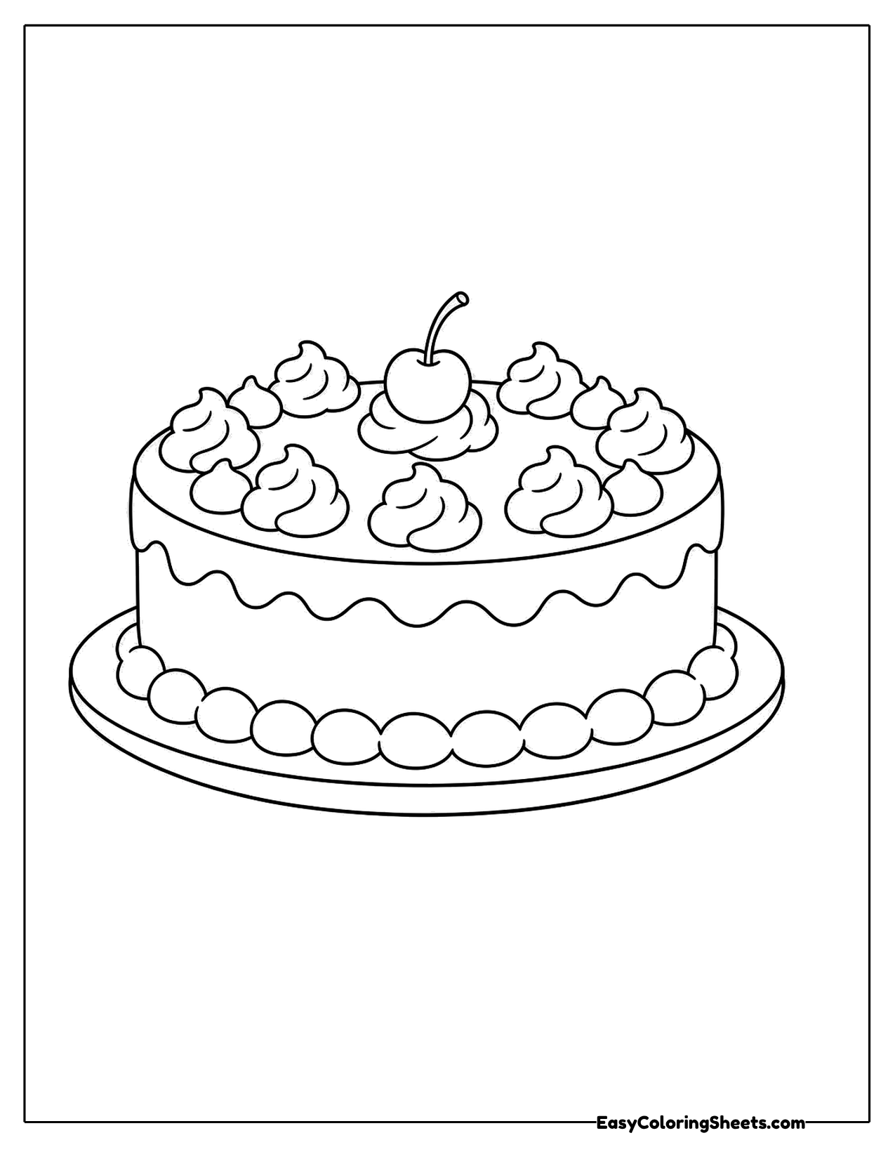 Cute round cake with frosting swirls and a cherry