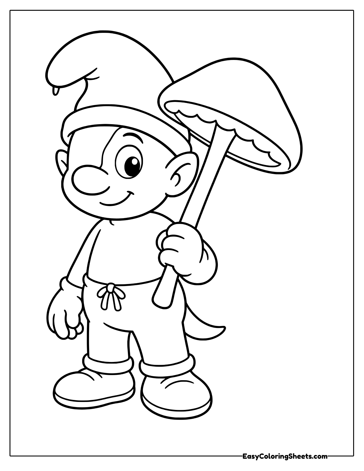 A Smurf in a floppy hat holding a tall mushroom over his shoulder like an umbrella