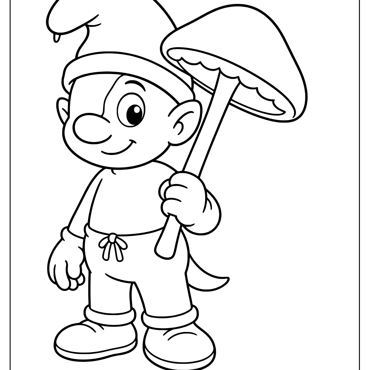 A Smurf in a floppy hat holding a tall mushroom over his shoulder like an umbrella