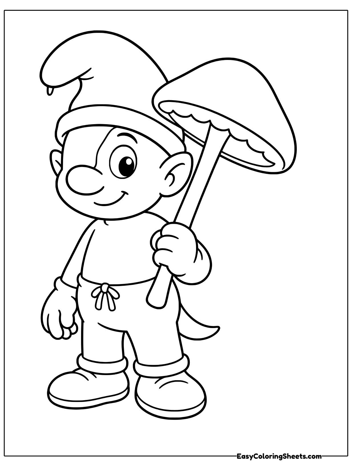 This Smurf carries a giant mushroom over his shoulder like an umbrella in this playful coloring page.