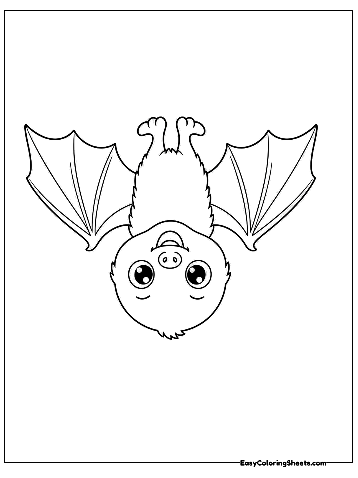 A cute bat hangs upside down with its wings spread out, its face looking up from below.