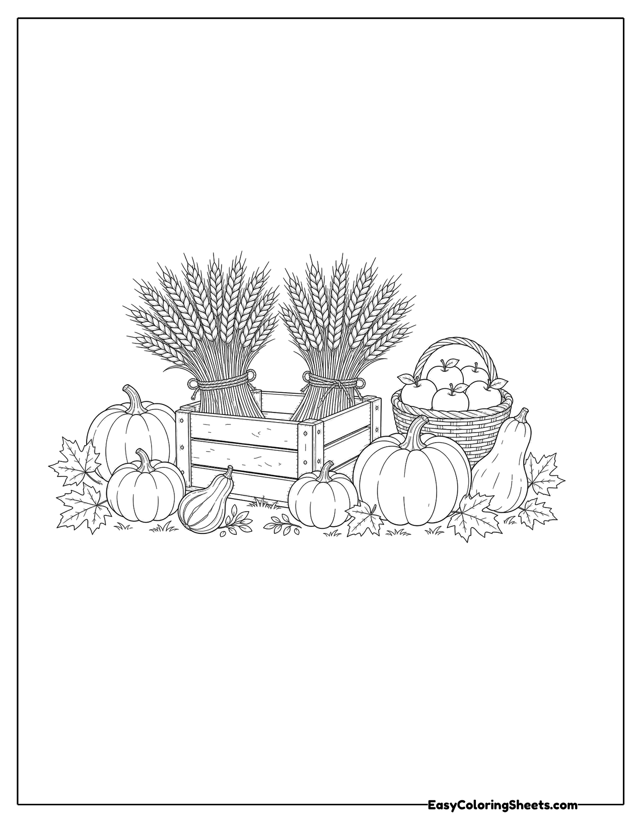 Bundles of wheat in a crate with pumpkins and a basket