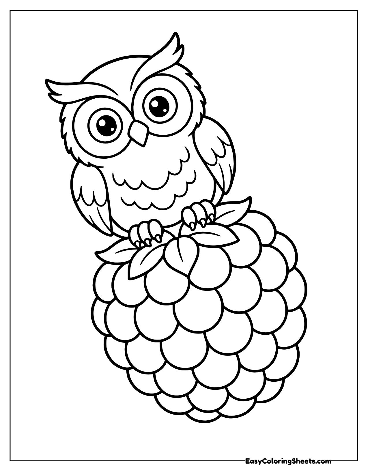 Wide eyed owl perched on top of a giant raspberry