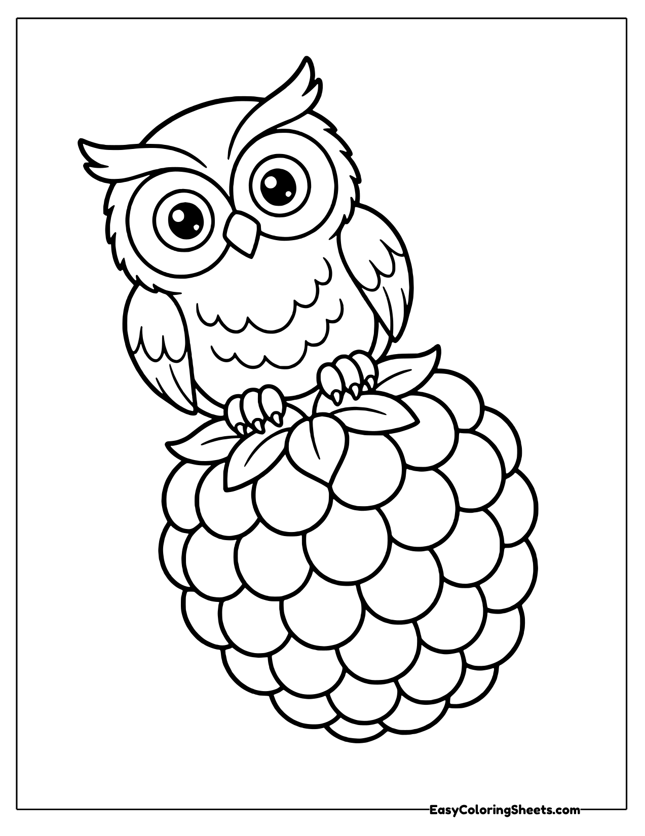 Wide eyed owl perched on top of a giant raspberry