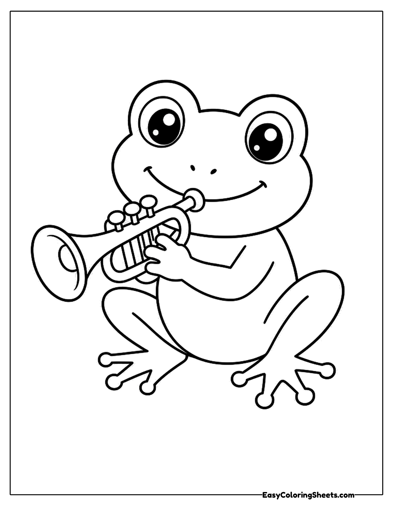 Frog playing a shiny trumpet with puffed cheeks